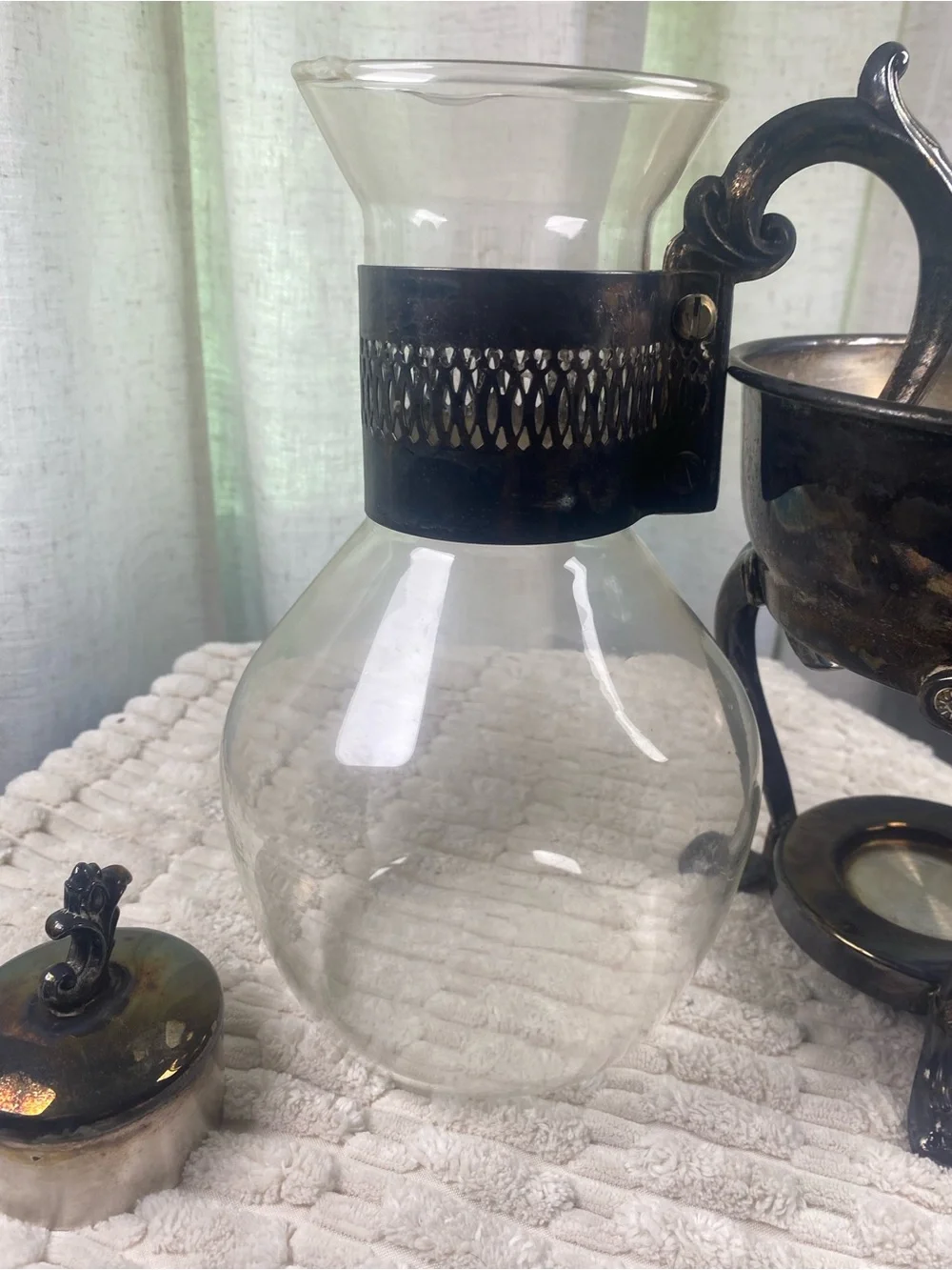 Vintage FB Rogers Silverplate Glass Coffee Carafe & Clawfoot Warmer Stand